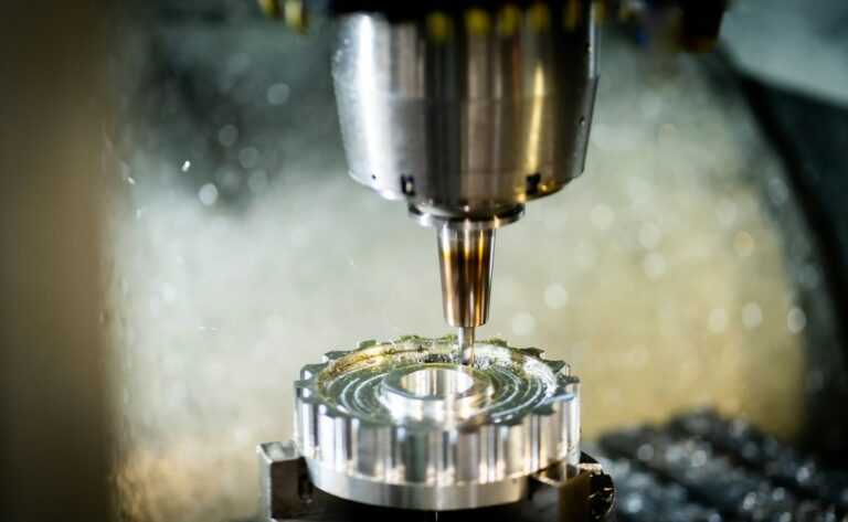 Operator reviews a 3D CAD model beside a CNC machine with cutting tools and metal stock.